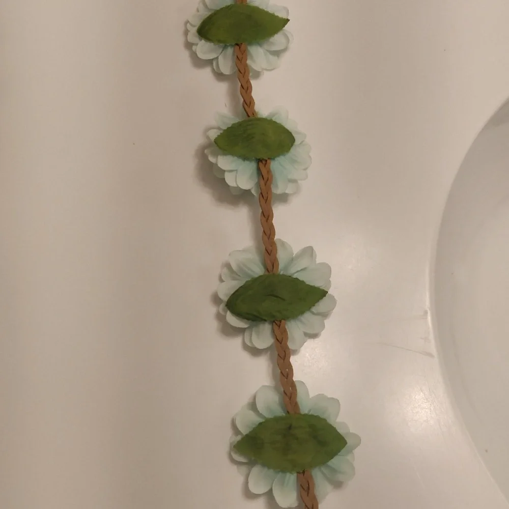Teal/Green Floral Headband with Brown Strap Y2K Boho Cottagecore